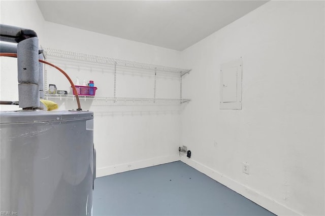 laundry area featuring electric panel and water heater