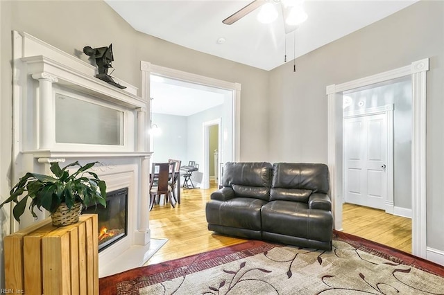 living room with ceiling fan and hardwood / wood-style flooring