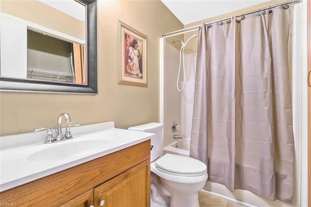 full bathroom with tile patterned floors, vanity, toilet, and shower / tub combo with curtain