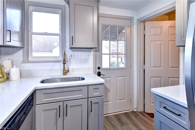 kitchen with appliances with stainless steel finishes, tasteful backsplash, gray cabinets, and sink