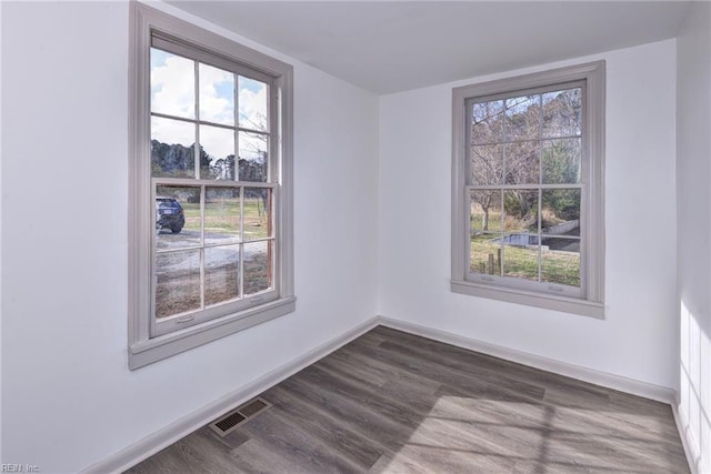 spare room with plenty of natural light and dark wood-type flooring