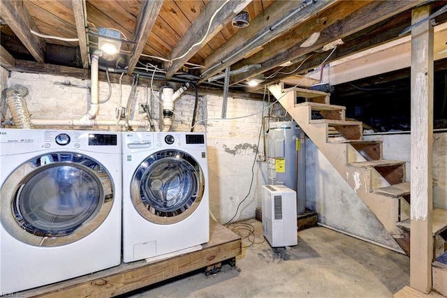 clothes washing area featuring electric water heater and independent washer and dryer