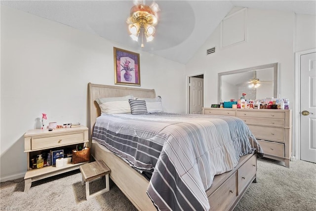 bedroom featuring ceiling fan, carpet floors, and lofted ceiling