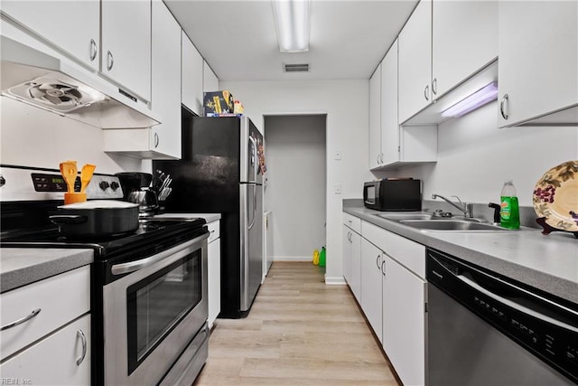 kitchen featuring white cabinets, light hardwood / wood-style floors, sink, and stainless steel appliances