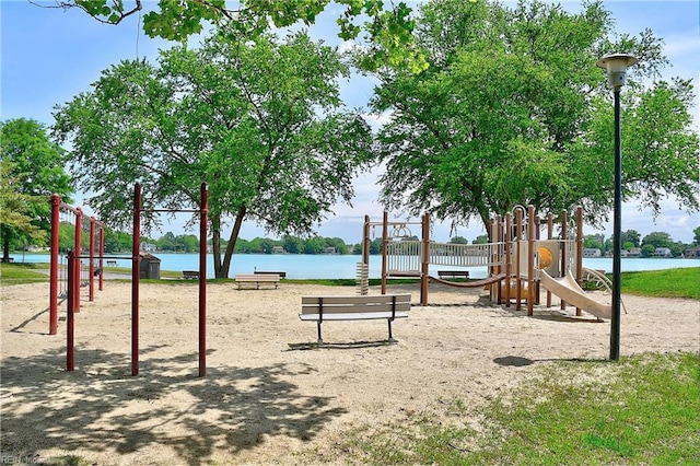 view of play area featuring a water view