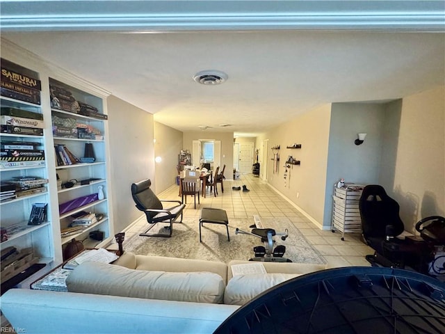 tiled living room featuring built in features