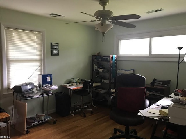 office space with ceiling fan and wood-type flooring