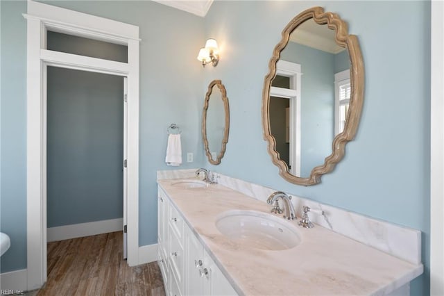 bathroom with wood-type flooring and vanity