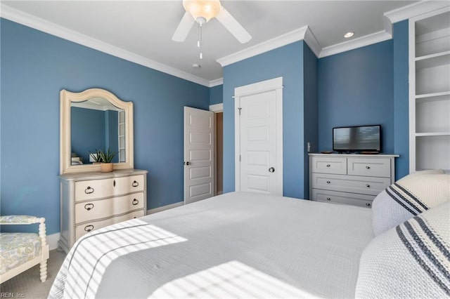 bedroom featuring ceiling fan and crown molding