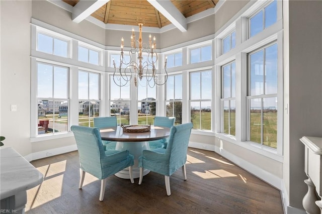 sunroom featuring a chandelier, lofted ceiling with beams, and wooden ceiling