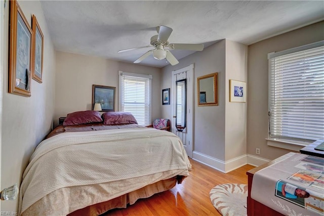 bedroom featuring ceiling fan and light wood-type flooring