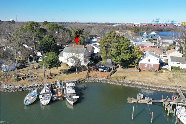 drone / aerial view with a water view