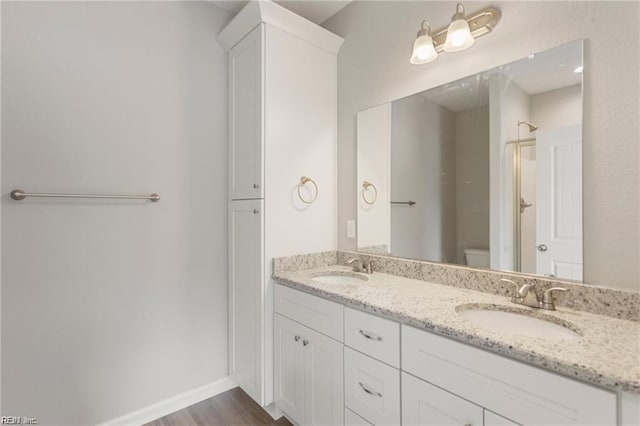 bathroom with vanity, wood-type flooring, and toilet