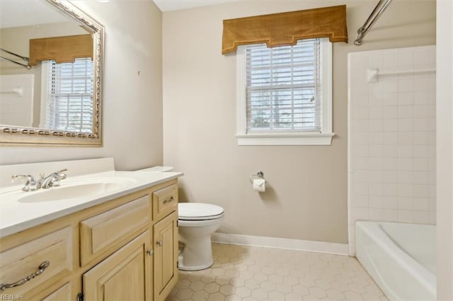 full bathroom featuring bathtub / shower combination, tile patterned floors, vanity, and toilet