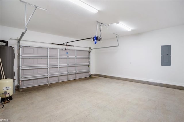 garage featuring electric panel, water heater, and a garage door opener