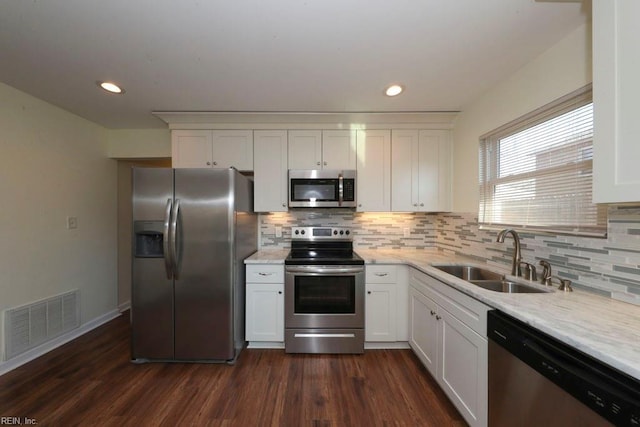 kitchen featuring dark hardwood / wood-style floors, sink, white cabinetry, and stainless steel appliances