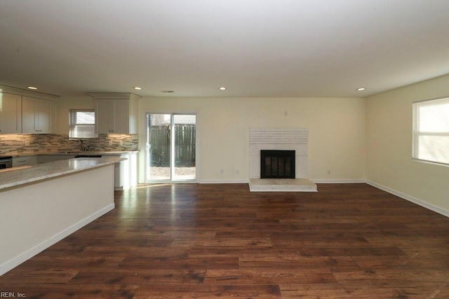 unfurnished living room with sink and dark wood-type flooring