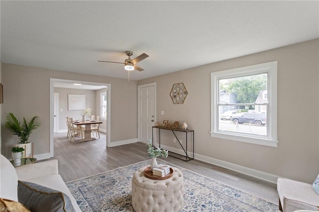 living room with ceiling fan and hardwood / wood-style floors