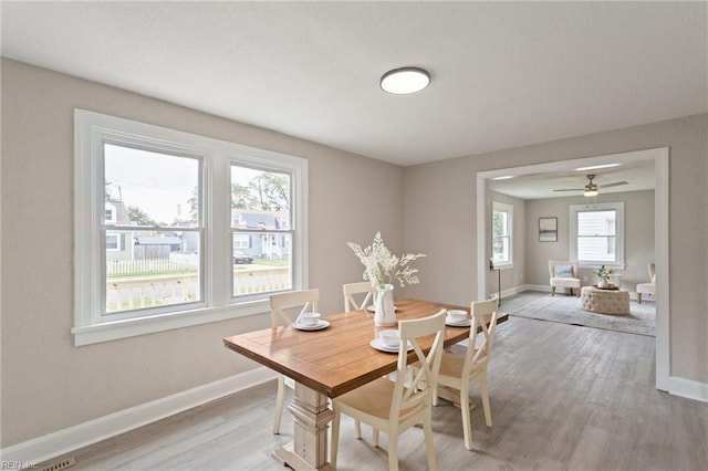 dining space featuring ceiling fan, light hardwood / wood-style flooring, and a healthy amount of sunlight