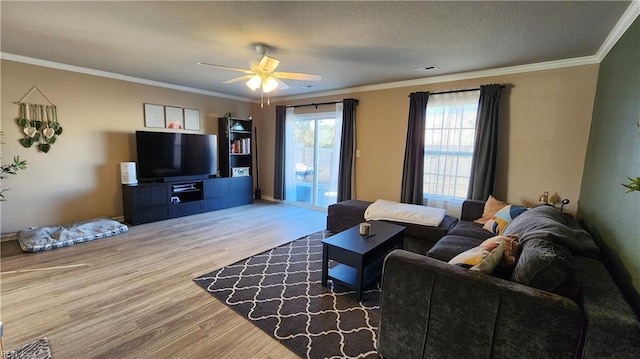 living room with hardwood / wood-style flooring, ceiling fan, a textured ceiling, and ornamental molding