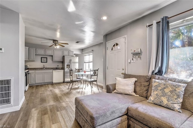 living room featuring ceiling fan, sink, and light wood-type flooring