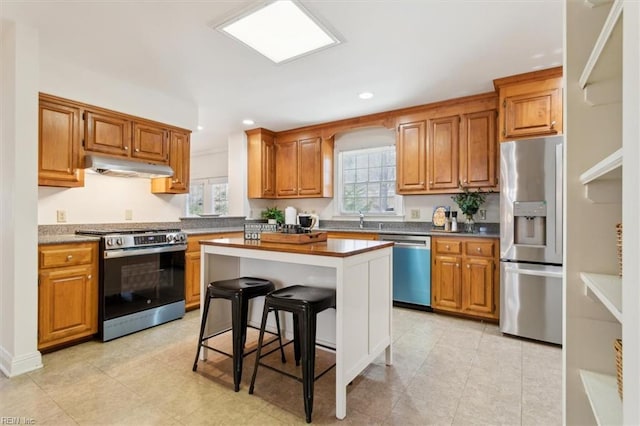 kitchen with a kitchen island, a kitchen bar, a healthy amount of sunlight, and stainless steel appliances