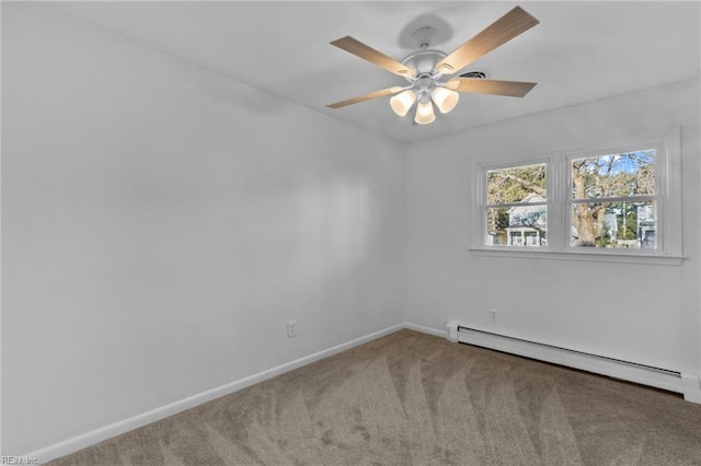 empty room featuring carpet flooring, baseboard heating, and ceiling fan