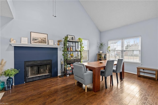 dining area featuring high vaulted ceiling and dark wood-type flooring