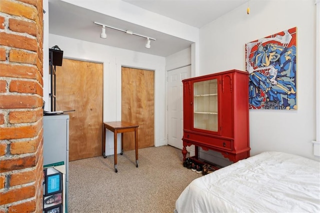 carpeted bedroom with rail lighting