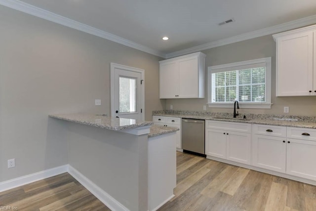 kitchen with white cabinetry, sink, light stone counters, light hardwood / wood-style flooring, and stainless steel dishwasher