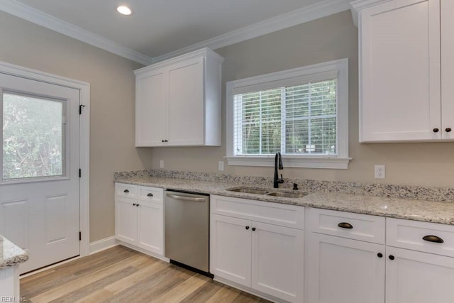 kitchen with light stone countertops, sink, white cabinets, and stainless steel dishwasher