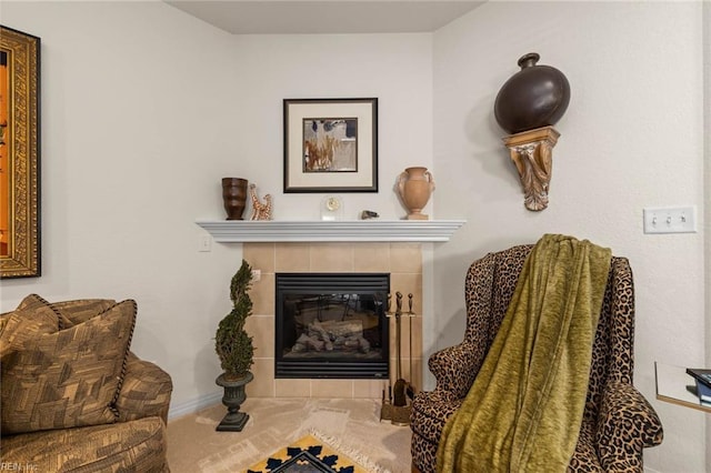 living area featuring a fireplace