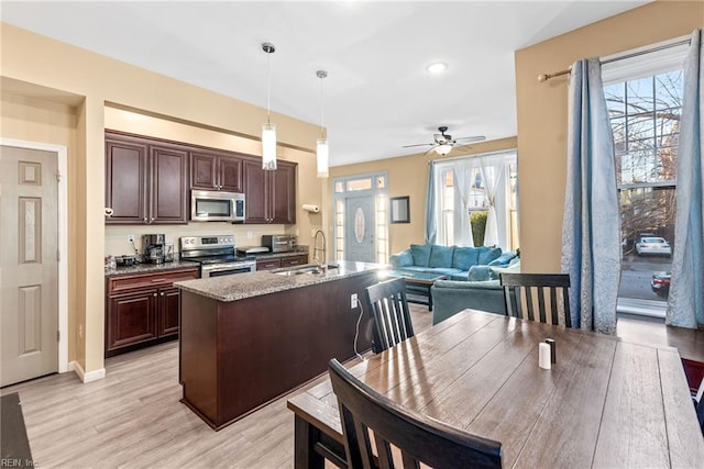 kitchen with stainless steel appliances, ceiling fan, sink, pendant lighting, and light hardwood / wood-style flooring