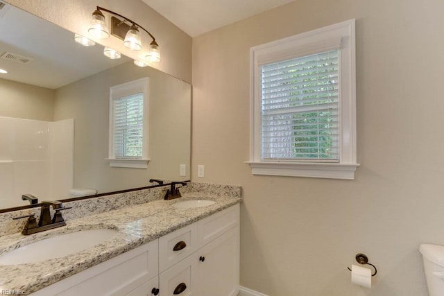 bathroom with vanity, toilet, and walk in shower