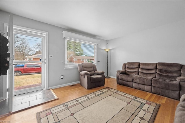 living room with hardwood / wood-style flooring and a healthy amount of sunlight