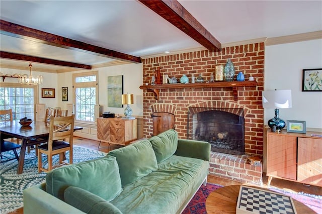 living room featuring a fireplace, tile patterned flooring, a chandelier, and beamed ceiling