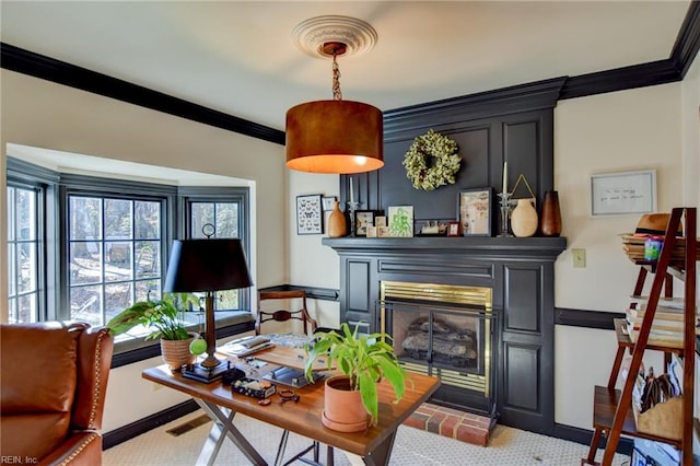 interior space featuring ornamental molding, a fireplace, and carpet floors