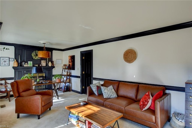 living room with crown molding and light carpet