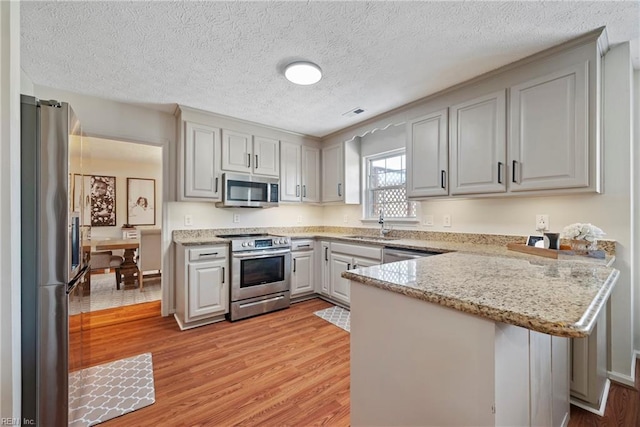 kitchen with sink, light hardwood / wood-style flooring, kitchen peninsula, a textured ceiling, and appliances with stainless steel finishes