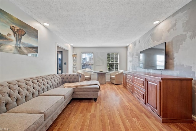 living room featuring light hardwood / wood-style floors and a textured ceiling