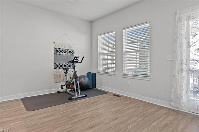 exercise room with hardwood / wood-style flooring