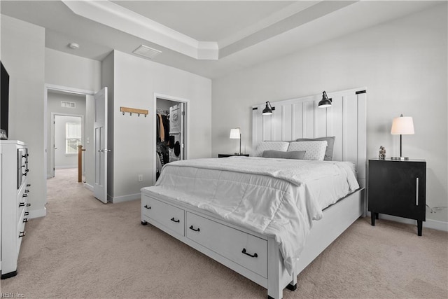 carpeted bedroom featuring a tray ceiling, a spacious closet, and a closet