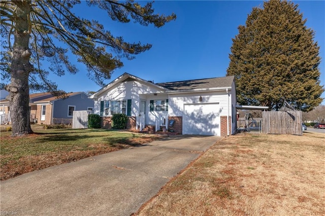 single story home with a front yard and a garage