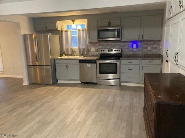 kitchen with sink, backsplash, gray cabinets, appliances with stainless steel finishes, and light wood-type flooring