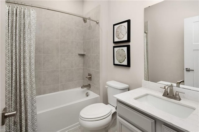 full bathroom featuring vanity, toilet, and shower / bathtub combination with curtain