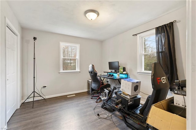 office area with dark hardwood / wood-style flooring