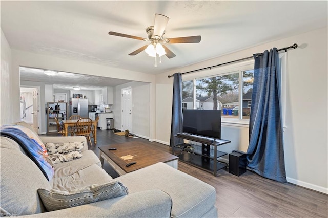 living room with ceiling fan and wood-type flooring