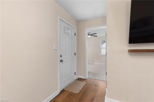 entryway with light wood-type flooring and ceiling fan