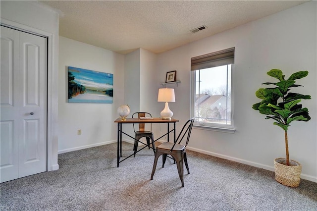 office space with carpet flooring and a textured ceiling