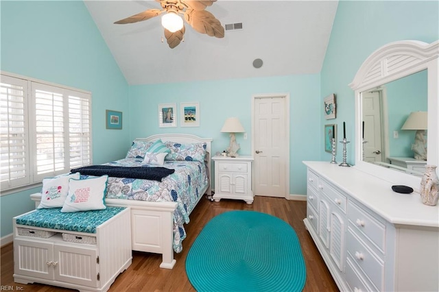 bedroom featuring ceiling fan, high vaulted ceiling, and hardwood / wood-style flooring